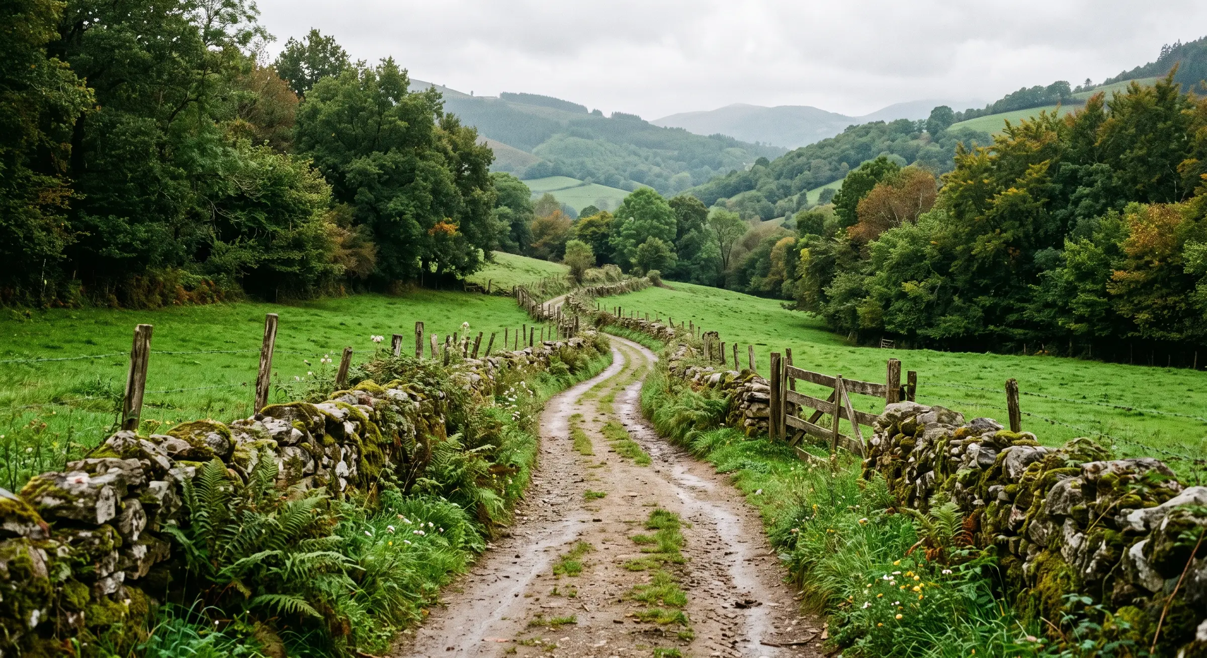 Camino húmedo entre prados, muros de piedra y bosque todavía verde