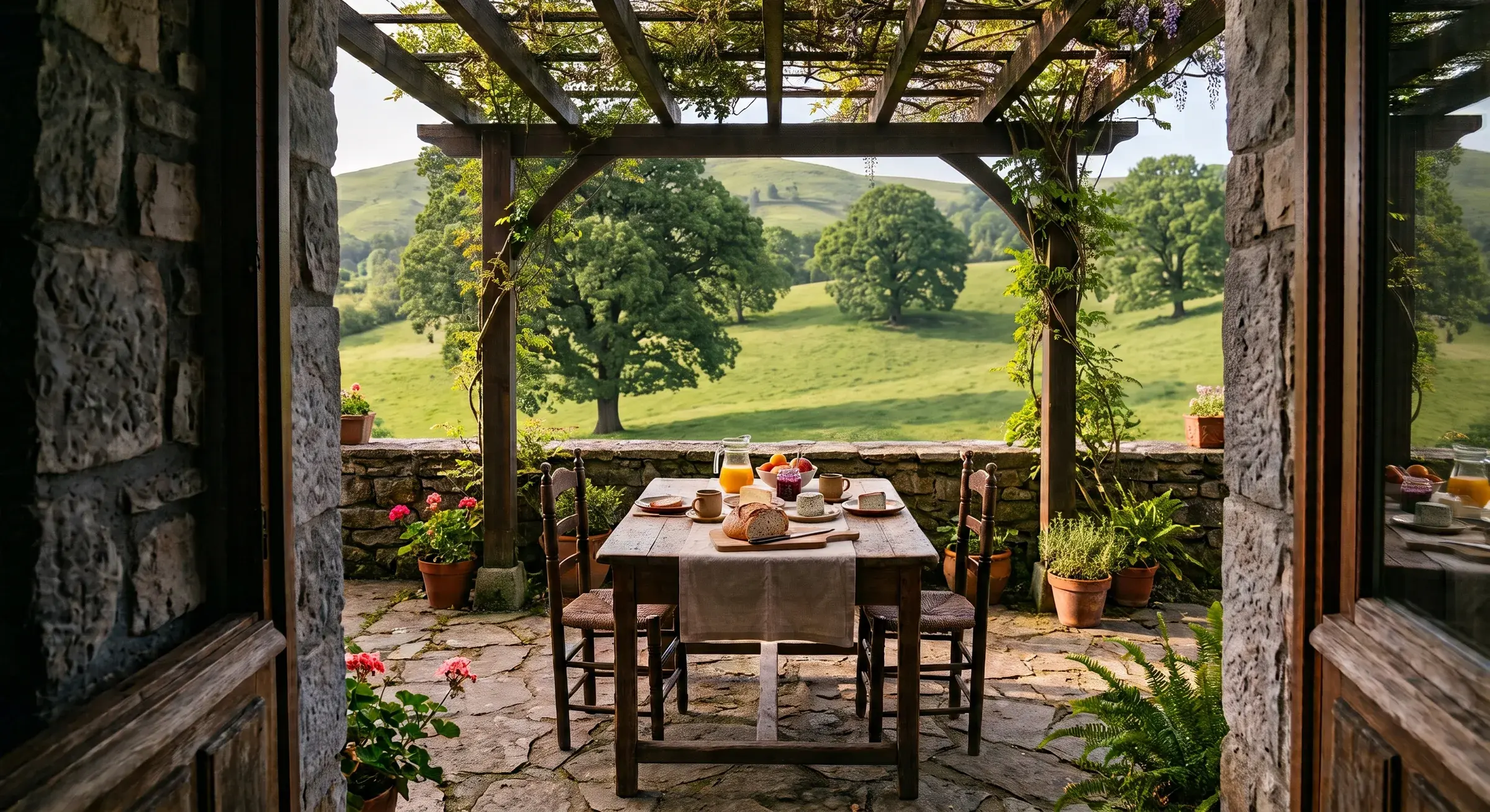 Pequeña zona bajo pérgola junto al jardín de Casa Valdorna