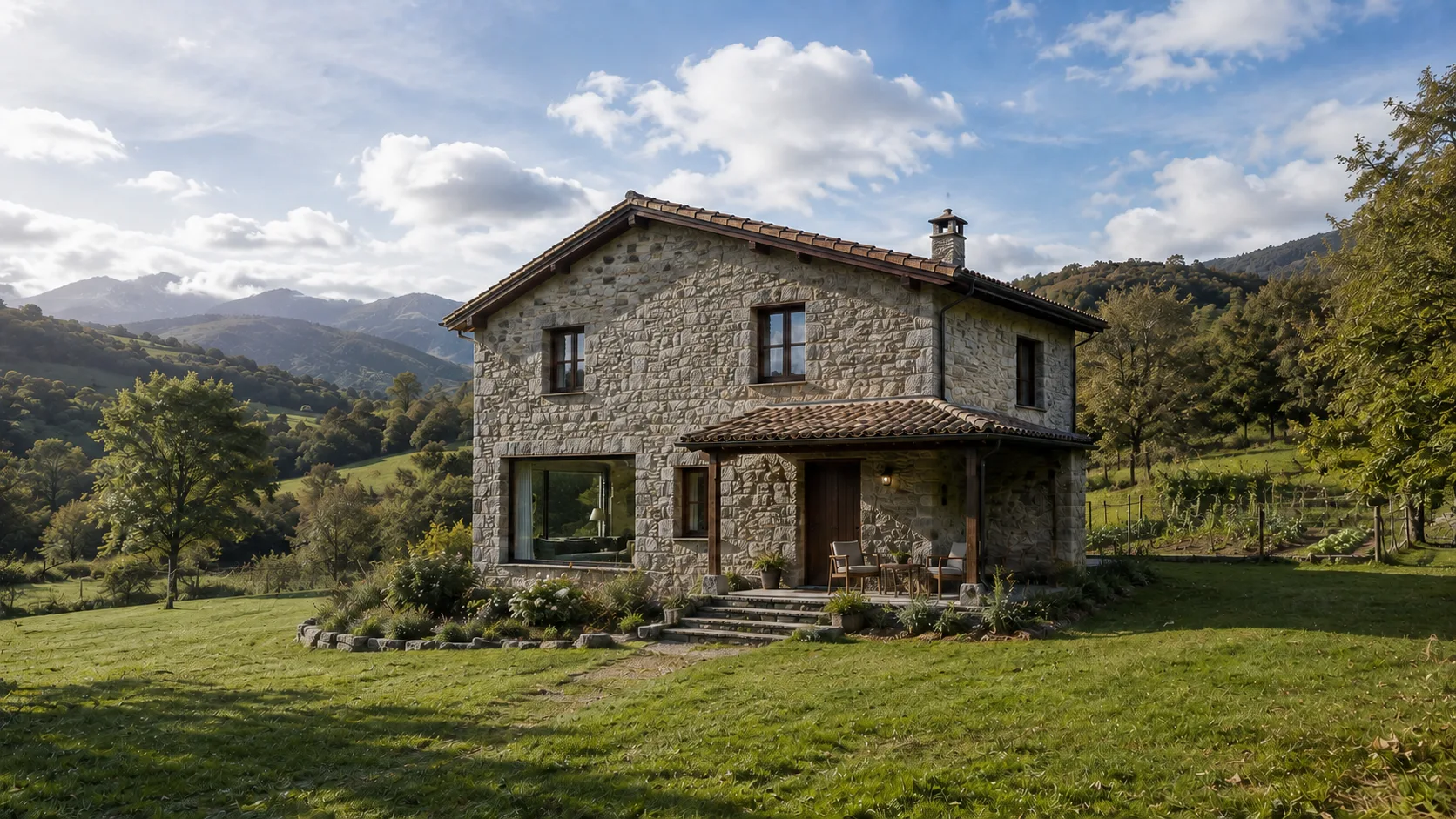 Casa Valdorna entre prados del interior de Asturias