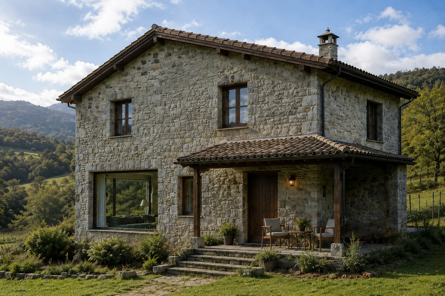 Fachada de piedra y porche de Casa Valdorna