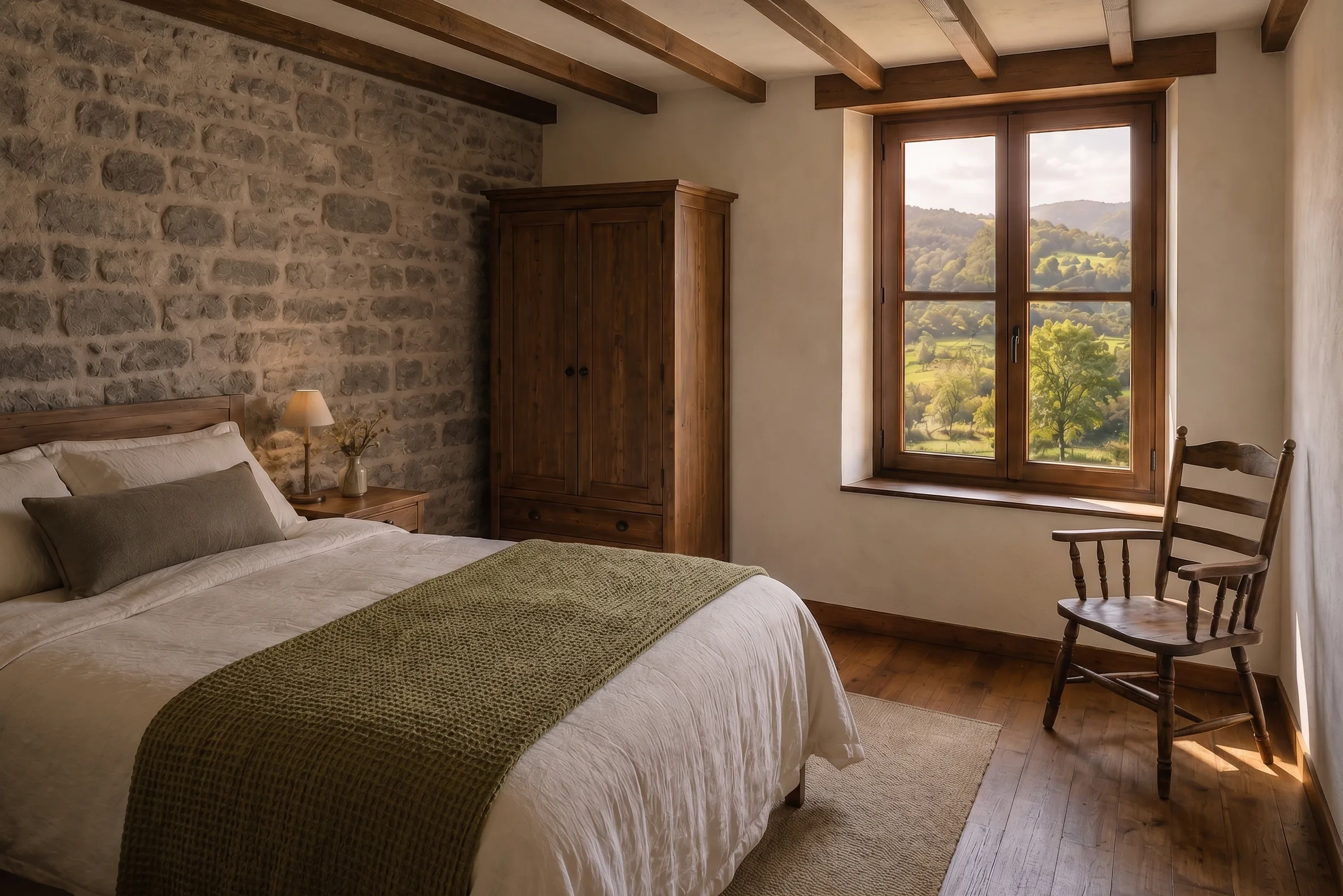 Habitación Prado con cama doble y ventana hacia el prado