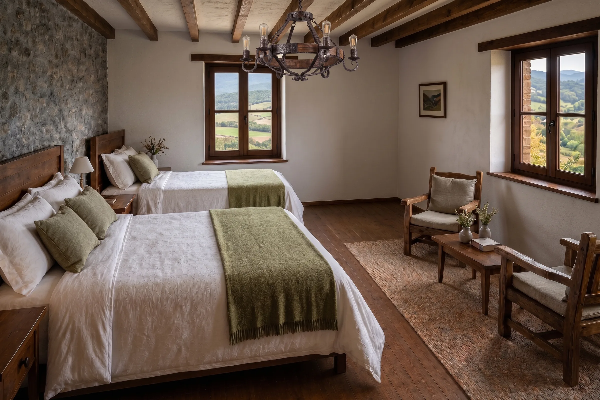 Habitación Esquina con dos camas y ventanas al paisaje