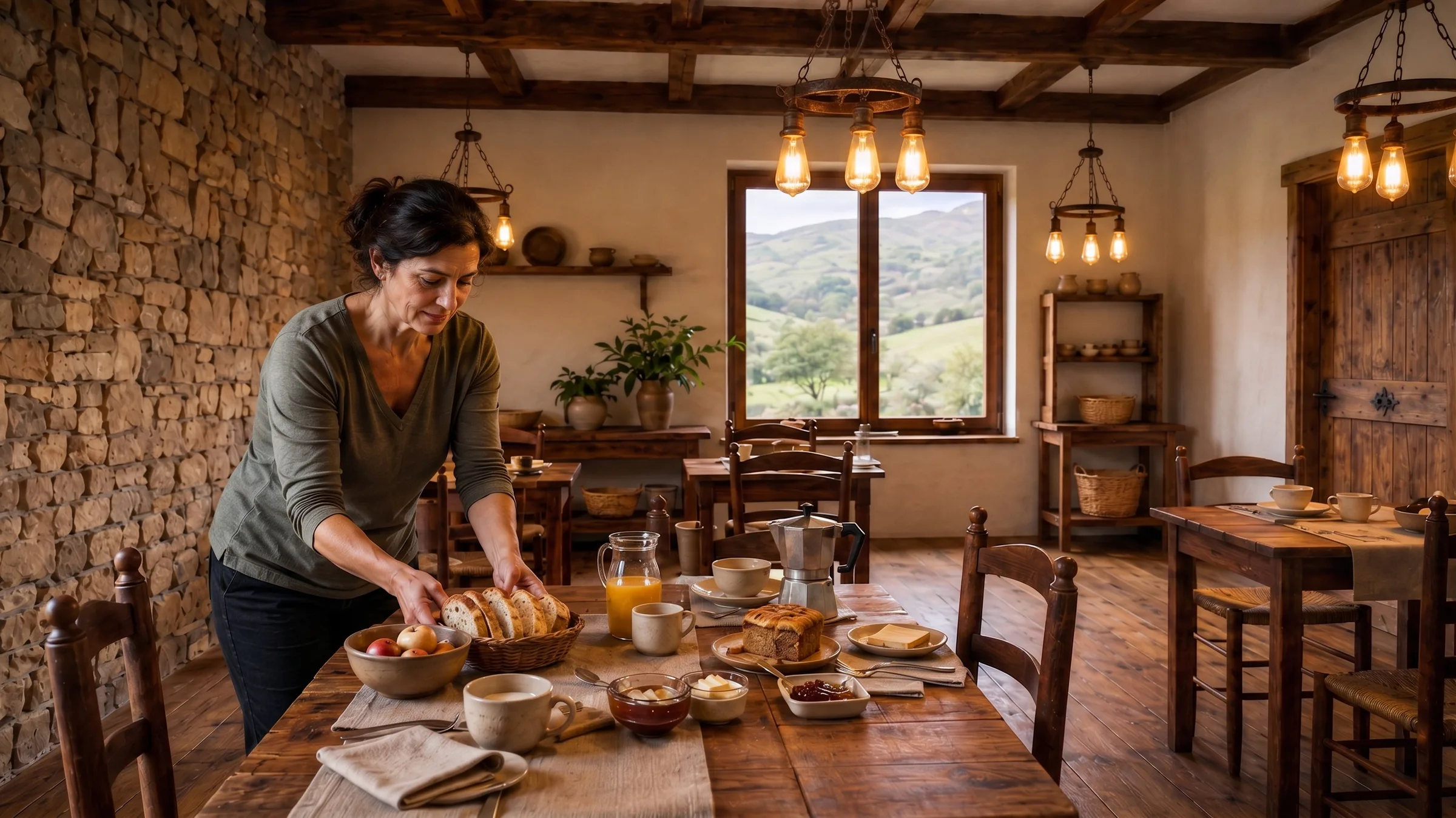 Clara preparando el desayuno en el comedor de Casa Valdorna
